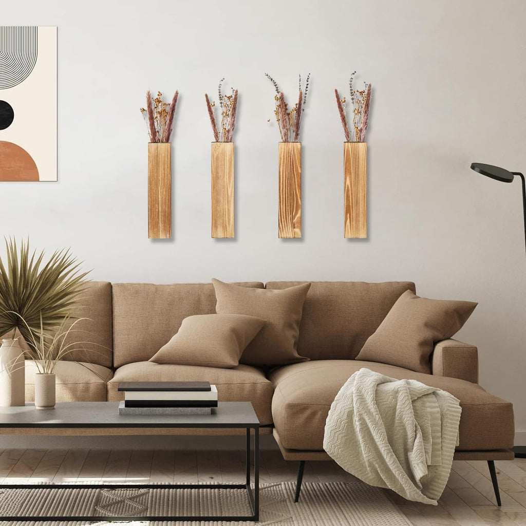 Wooden Wall Planter Set of 4 - Modern Home Decor for Living Room, Bedroom, Bathroom - Brown Finish Planter for Dried Flowers, Faux Greenery, Indoor Plants