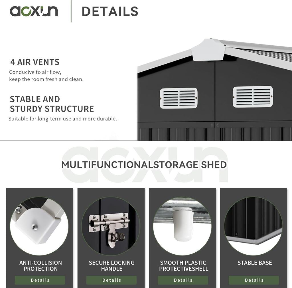 Aoxun 9.4x7.3x6.5 FT Outdoor Storage Shed, Garbage Can, Outdoor Metal Shed for Tool, Garden, Bike, Placed in Patio, Garden (Black)