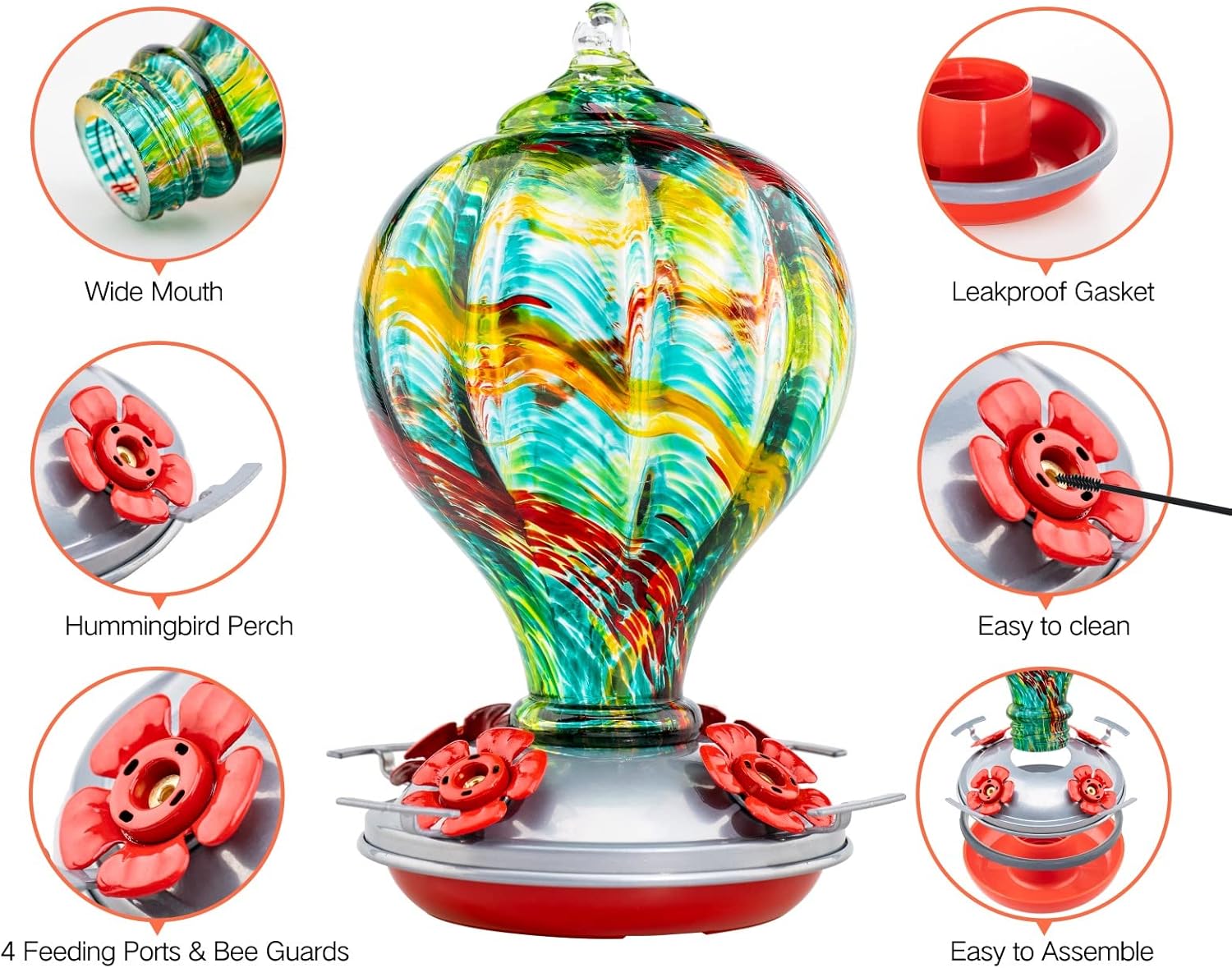 Muse Garden Hummingbird Feeders Blown Glass Hummingbird Feeder, Garden Backyard Decor for Outside, 32OZ, Rainbow Spirit