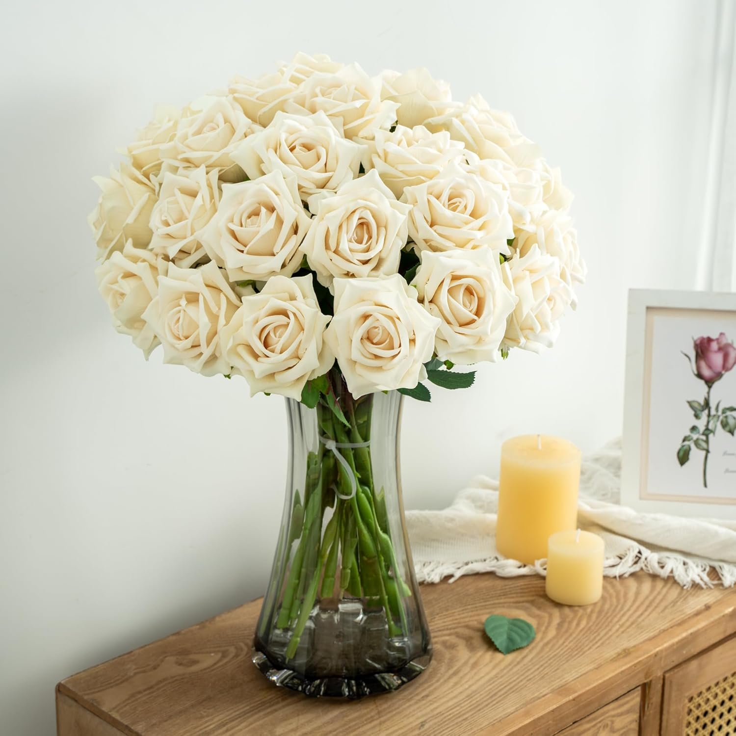 Fake Roses Faux Flowers 24PCS Silk Roses Artificial Roses with Stems Realistic Artificial Flowers Suitable for Indoor Home Decoration DIY Bouquet Wedding Decor Party Decor 16.5In (White)