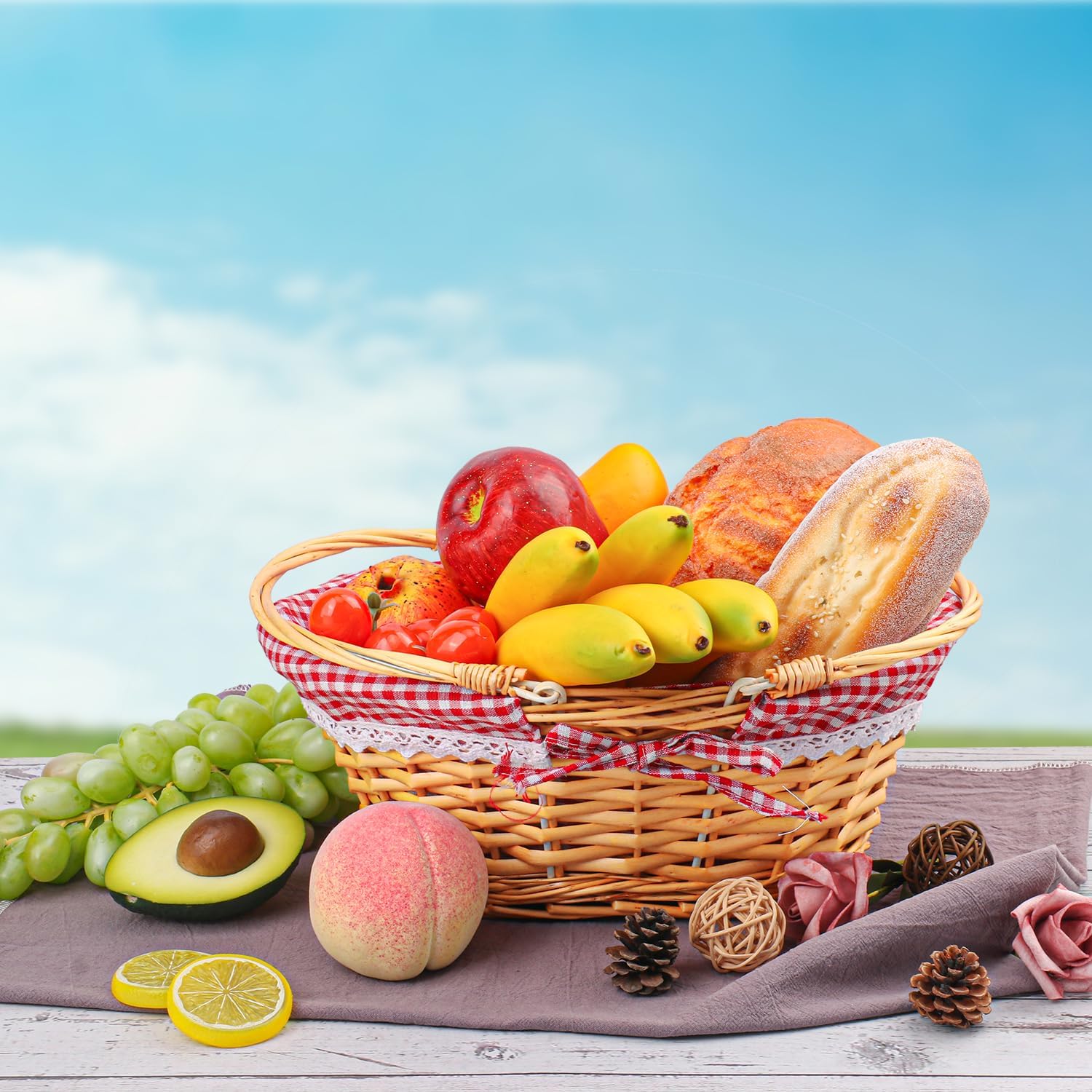 2 Pack 12.6 Inch Natural Wicker Basket with Checkered Lining, Oval Wicker Woven Basket with Handle, Willow Woven Picnic Baskets for Picnic, Camping, Party(Small)