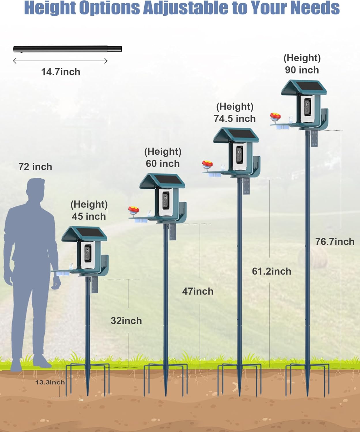 Bird Feeder Pole Stand – 90 Inch Height Feeding Station with 1-Inch Dia Heavy Duty for Hanging Feeders, Bird House Pole Mount Kit for Outdoor, Slip-Fit Connection，Blue
