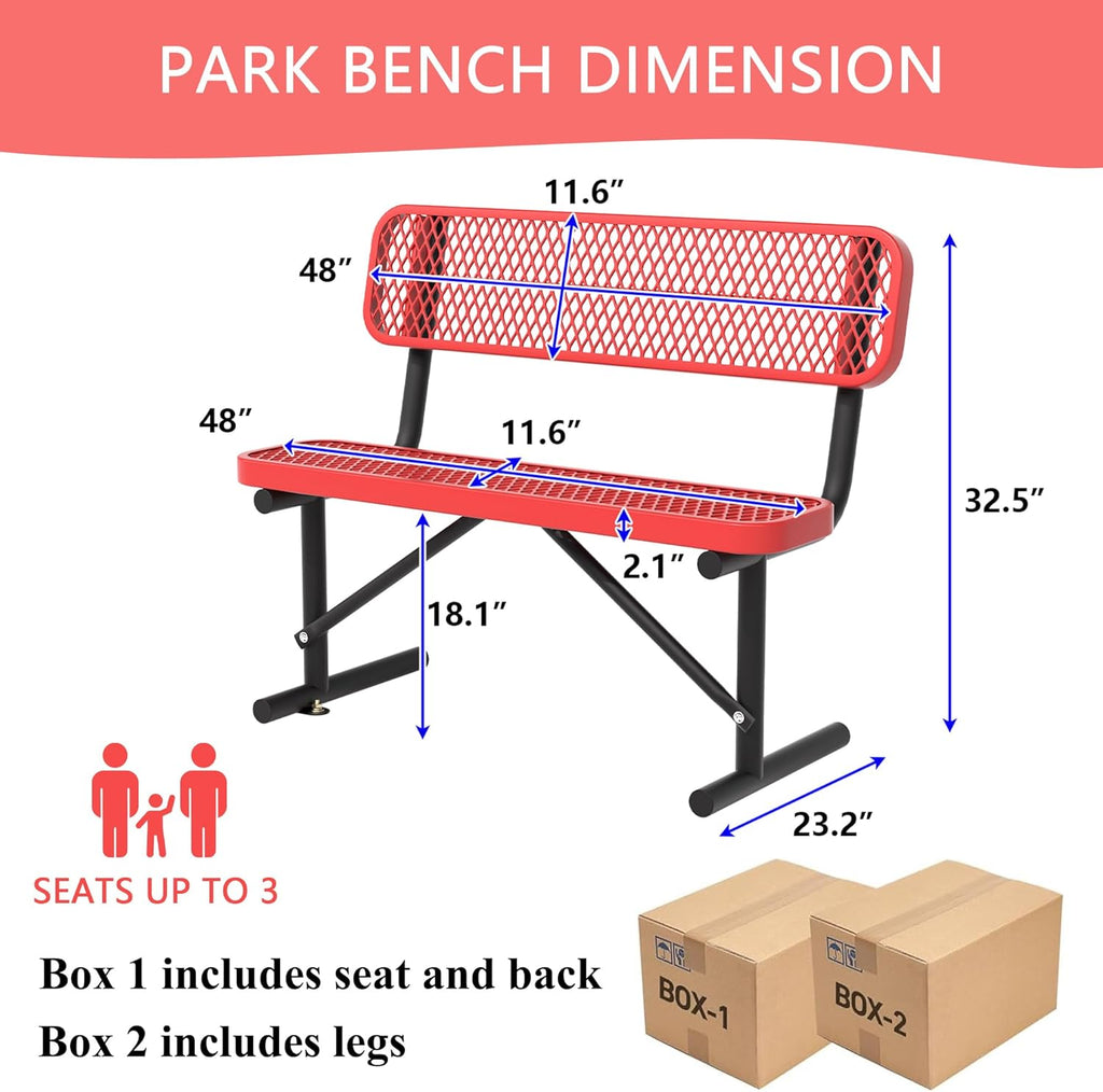 4 Feet Heavy Duty Metal Park Bench for Outside, Outdoor Bench with Backrest & Portable Frame, Commercial Benches for Shopping Malls, Stores, Parks, Patios, Decks, Red