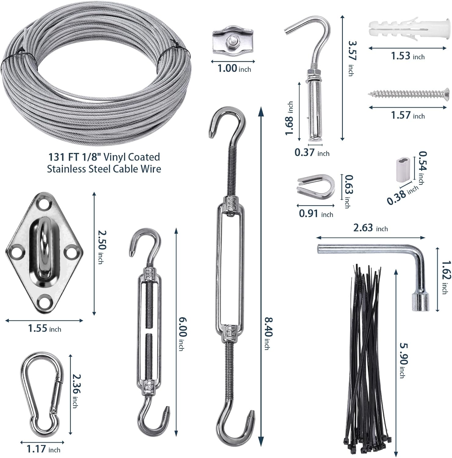 Shade Sail Hardware Kit 6 inch with 131FT 1/8" Wire Rope Kit for Triangle Rectangle Sun Shade Sail Outdoor Installation turnbuckles for Cables Wire for Outdoor,Garden,Kitchen,Craft,243PCS