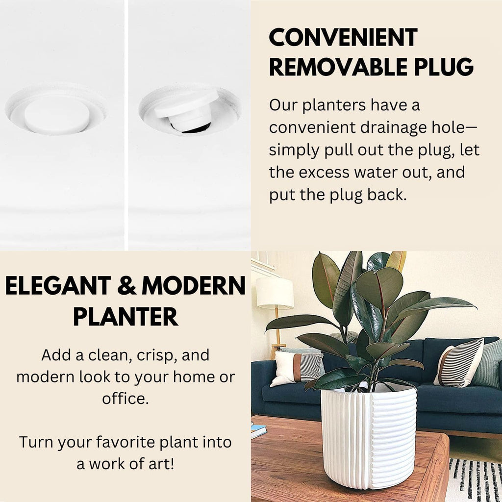 Fox & Fern 10 Inch Plant Pot with Drainage Plug — Premium Polystone White Plant Pot; Modern Planter with 3D Texture and Ceramic Finish; 10 Inch Pots for Plants Indoor & Outdoor