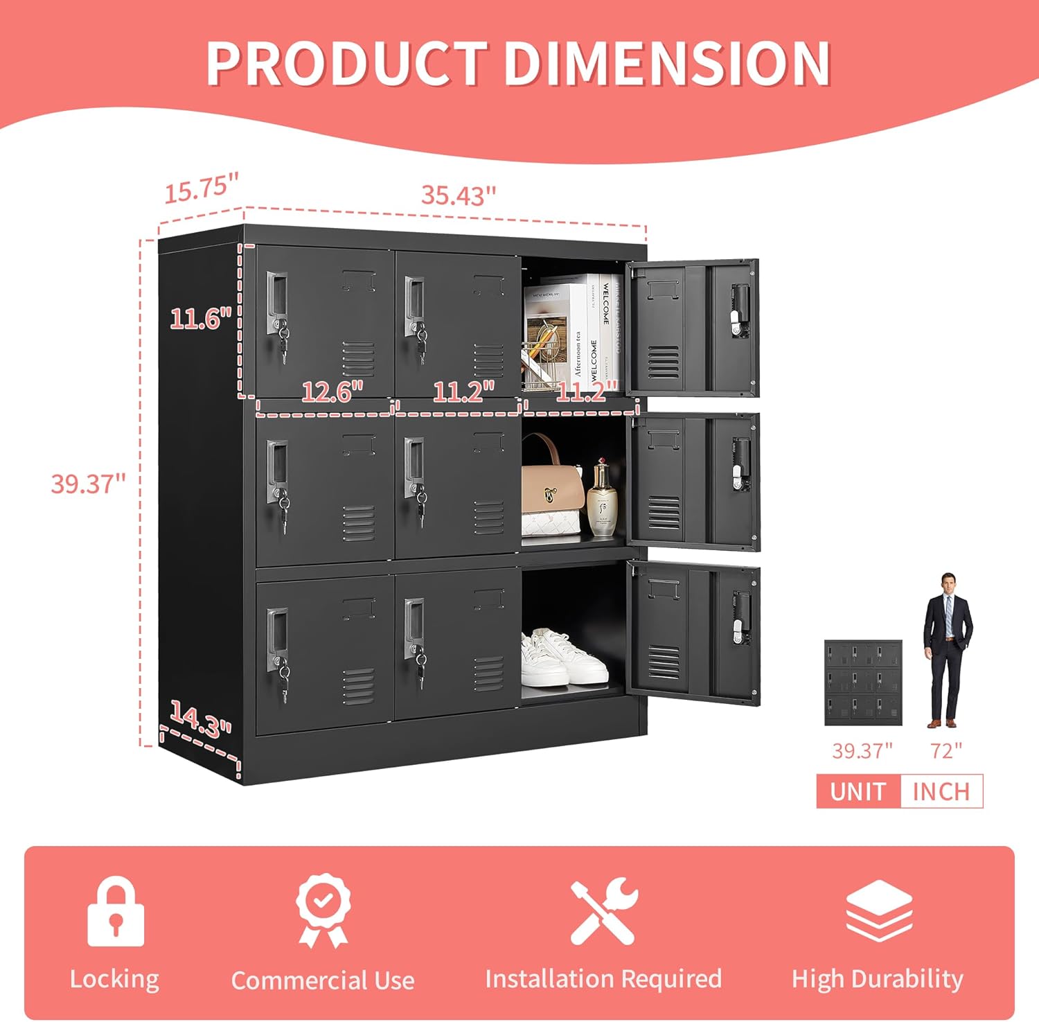 Metal Lockers for Employees,Office Storage Locker with 9 Doors Black,Employee Locker with Lock and Card Slot,Steel Staff Locker Storage Cabinet for Gym Home School Garage,Assembly Required