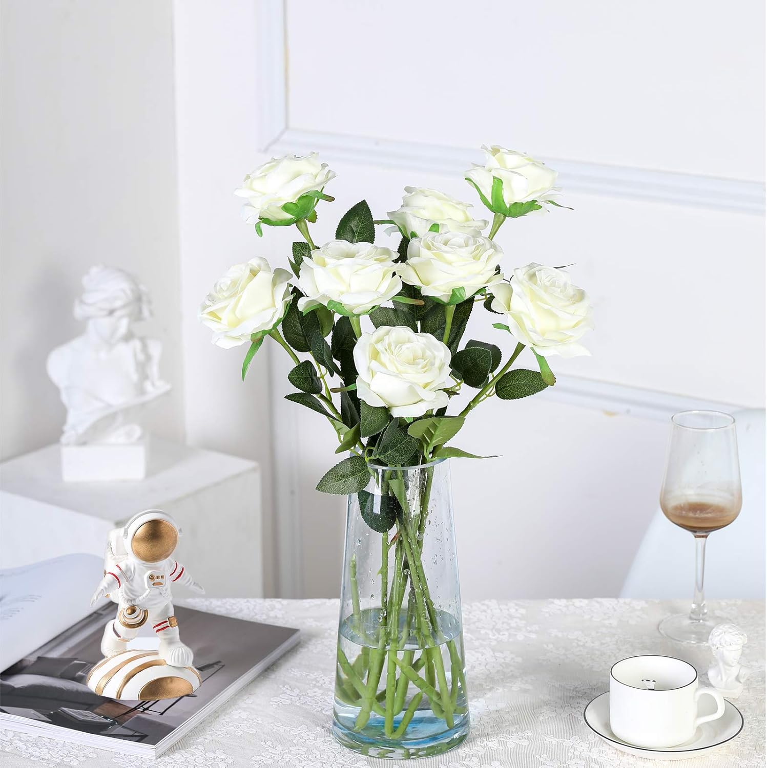 Hawesome 12PCS Artificial Silk Flowers Realistic Roses Bouquet Long Stem for Home Wedding Decoration Party (12PCS-Cream White 1)
