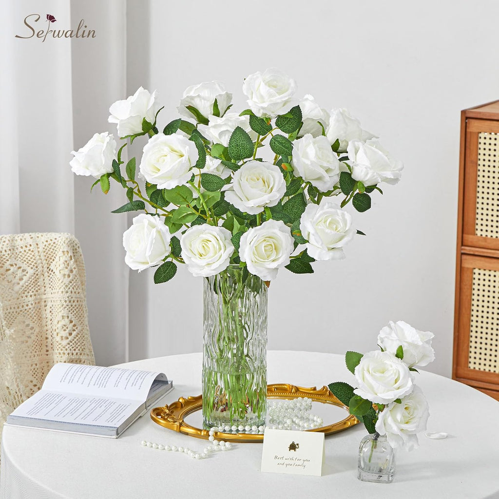 Serwalin 60 PCS White Roses Artificial Flowers, Ivory Fake Artificial Roses, Silk White Roses for Bridal Bouquet Wedding Centerpieces Table Arrangement Party Home Decor