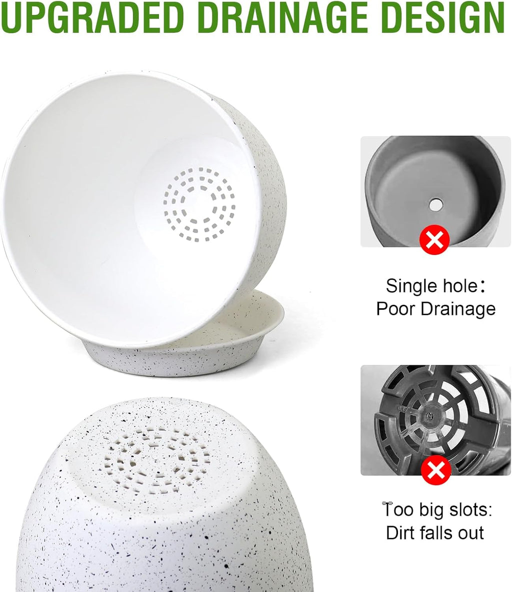 10/9/8 inch Medium Plant Pots, Set of 3 Modern Decorative Plastic Planters with Drainage Holes and Saucers for Garden House Plants, Flower Pots for Indoor Outdoor Plants, Speckled White