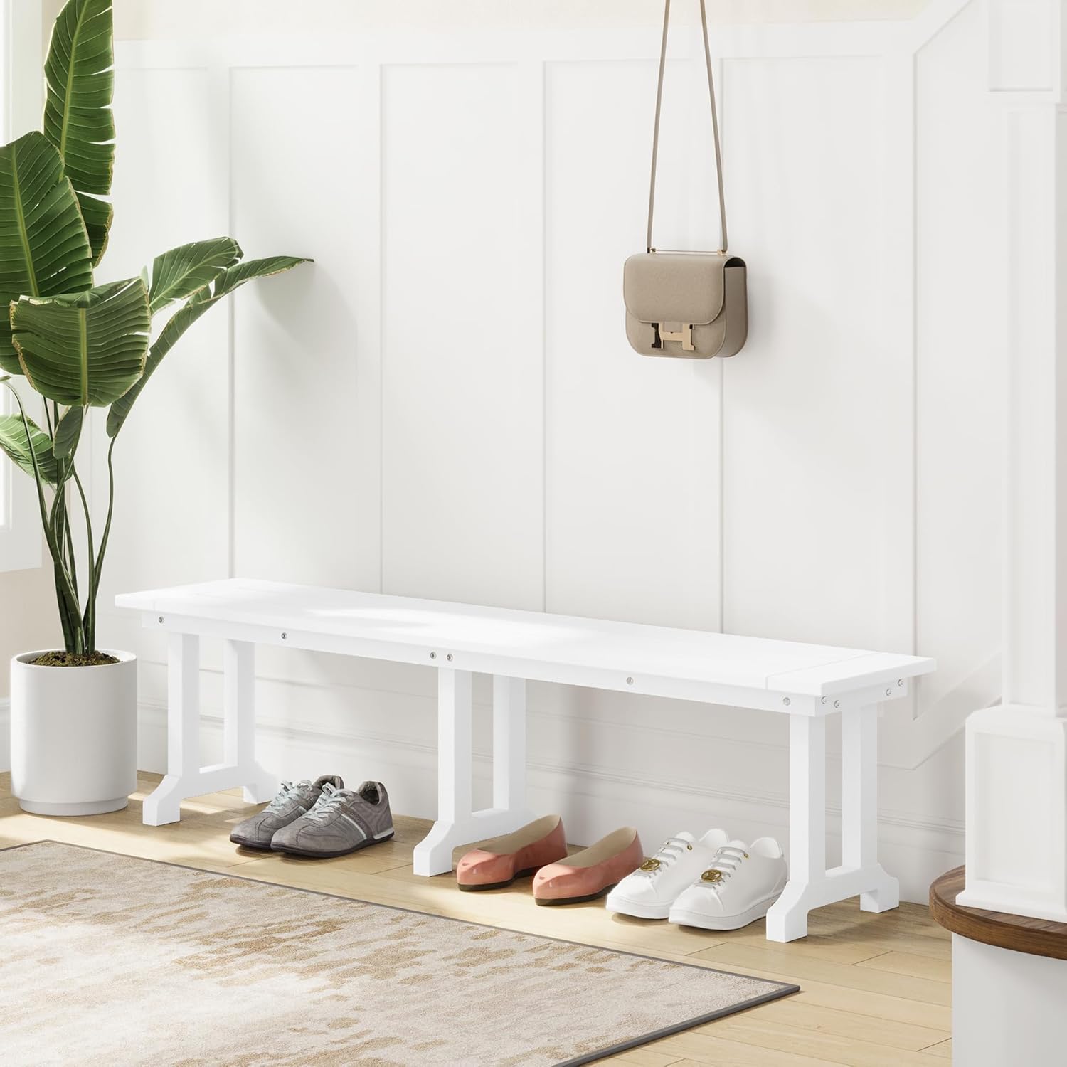 Outdoor Benches Weatherproof, Park Long Bench Poly Lumber Backless for Entryway Front Porch Garden Bench Seat for Patio, White