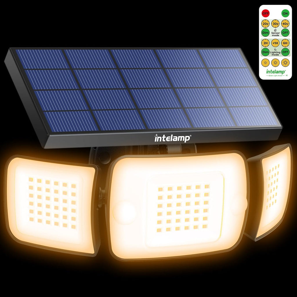 intelamp Solar Flood Lights Outdoor Waterproof, 6000mAh 1200LM Solar Powered Dual Motion Sensor LED Warm Lighting Dusk to Dawn Security Floodlight Exterior with Remote for Outside Garden House Patio