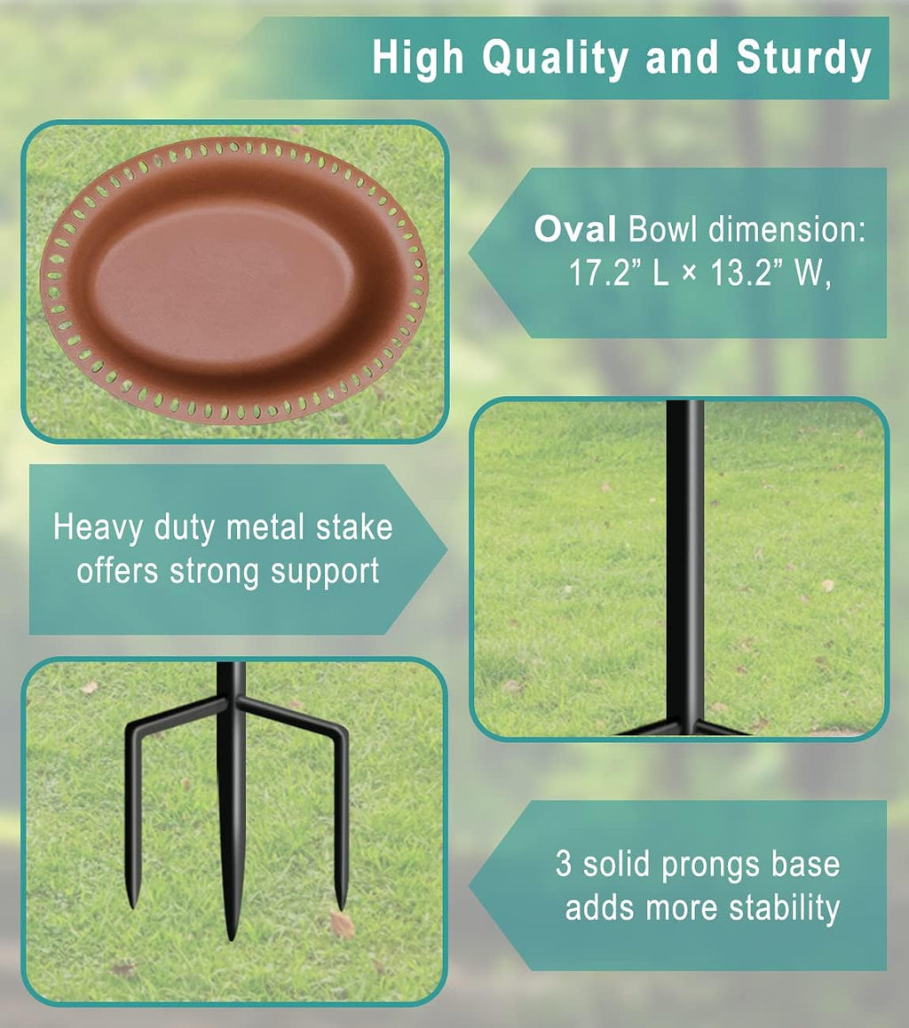 Garbuildman Extra-Large Freestanding Birdbaths Bowl, Detachable Decoration Spa with Metal Stake Stand & Birdfeeder for Outdoor Garden, Oval Style, Chocolate