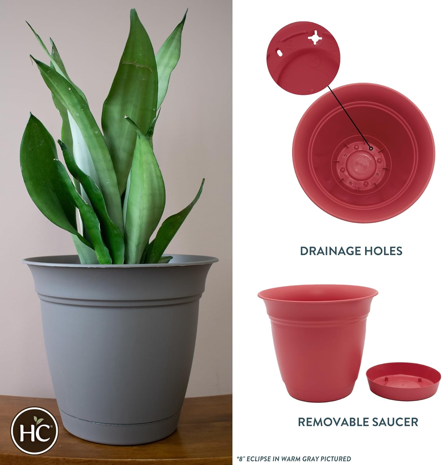 The HC Companies Eclipse Round Planter with Saucer - Outdoor & Indoor Plant Pot with Drainage Holes - Lightweight, UV-Resistant Plastic Pots for Plants, Flowers & Herbs (8" Rose, Pack of 6)