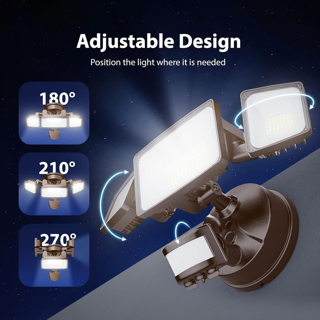 Onforu 65W LED Security Lights Motion Sensor Light Outdoor, 6500LM, 6500K, IP65 Waterproof, Flood Light Outdoor Motion Detector with Adjustable 3 Head, Hardwired Wall Light for Entryway, Yard (Brown)