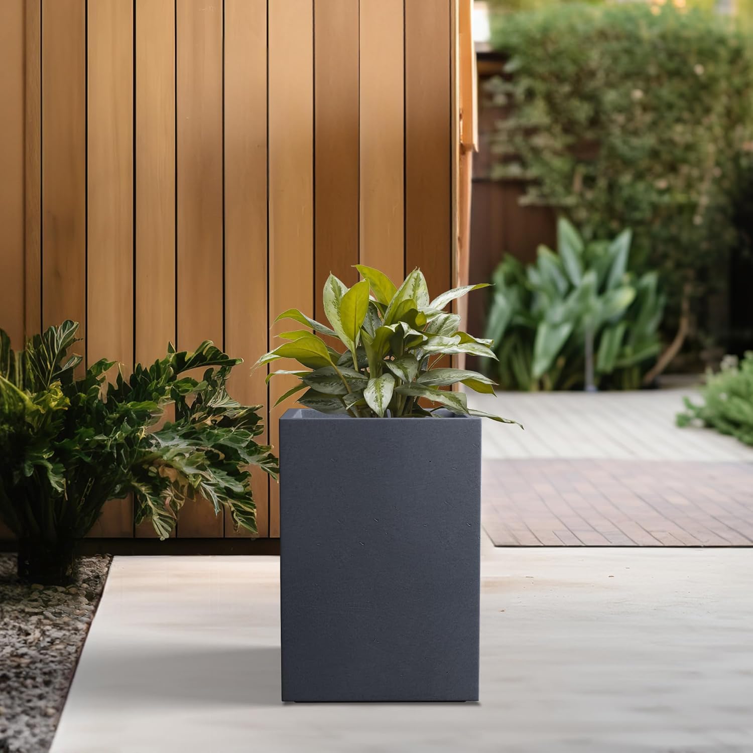 Kante 12.6" H Tall Rectangular Concrete Planters, Outdoor Indoor Lightweight Plant Pots with Drainage Hole and Rubber Plug, Modern Style for Home Garden Patio, Charcoal