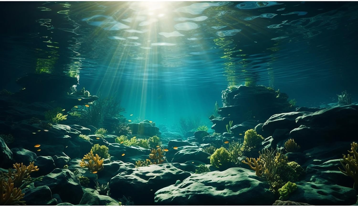 Aquarium Background Underwater Aquatic Plants Rocks Fish Terrarium Backdrop Sunlight Rays Coral Fish Tank Background Cave Style Landscape Sea Grass Tank Wallpaper Poster Vinyl 24x16in