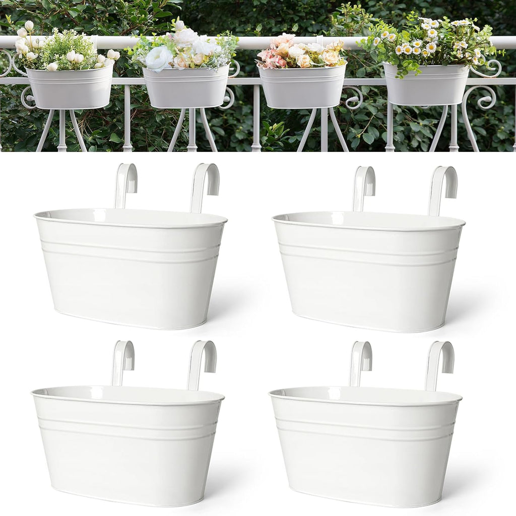 Dahey Metal Iron Hanging Flower Pots for Railing Fence Hanging Bucket Pots Countryside Style Outdoor Planter Window Flower Plant Holder with Detachable Hooks Home Decor,White,4 Pcs