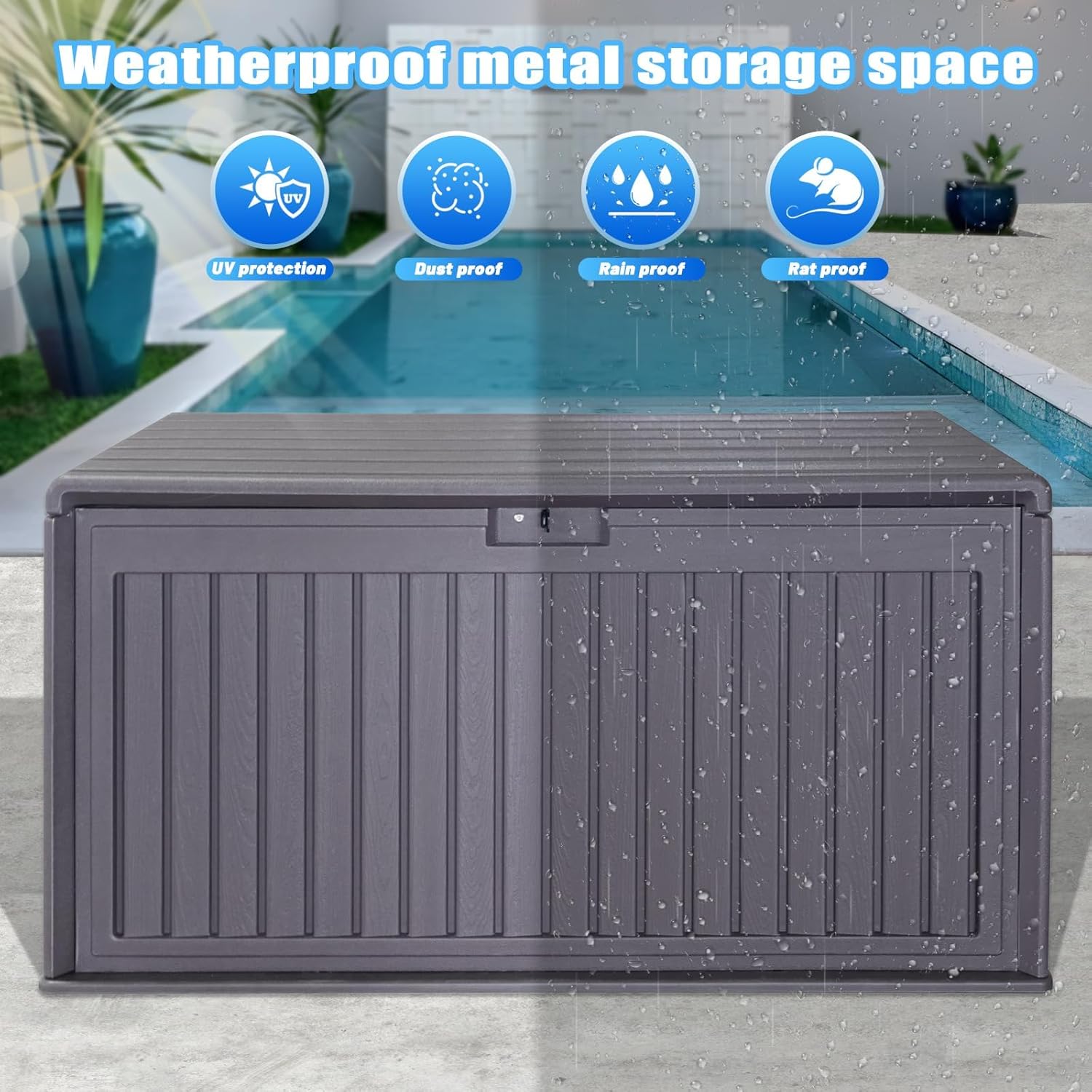 100 Gallon Outdoor Storage Box Waterproof, Resin Deck Box with Dual-Wall for Storing Gardening Tools, Pool Supplies, And More