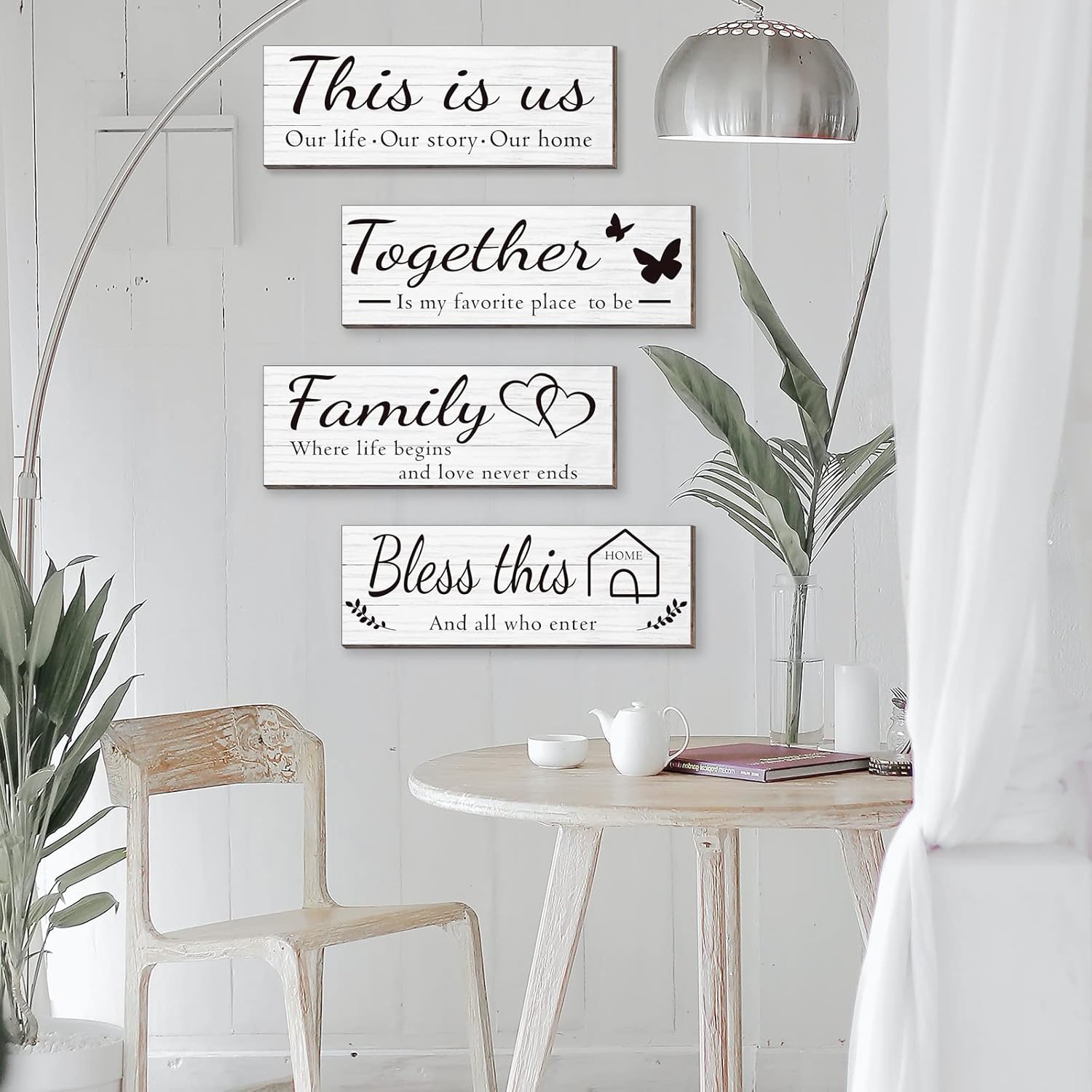 4 Pieces Wooden Home Wall Art Decor, Rustic, Farmhouse THIS IS US/TOGETHER/BLESS THIS HOME/FAMILY Decor Signs For Living Room Bedroom, 4.7 x 13.8 Inch(White)
