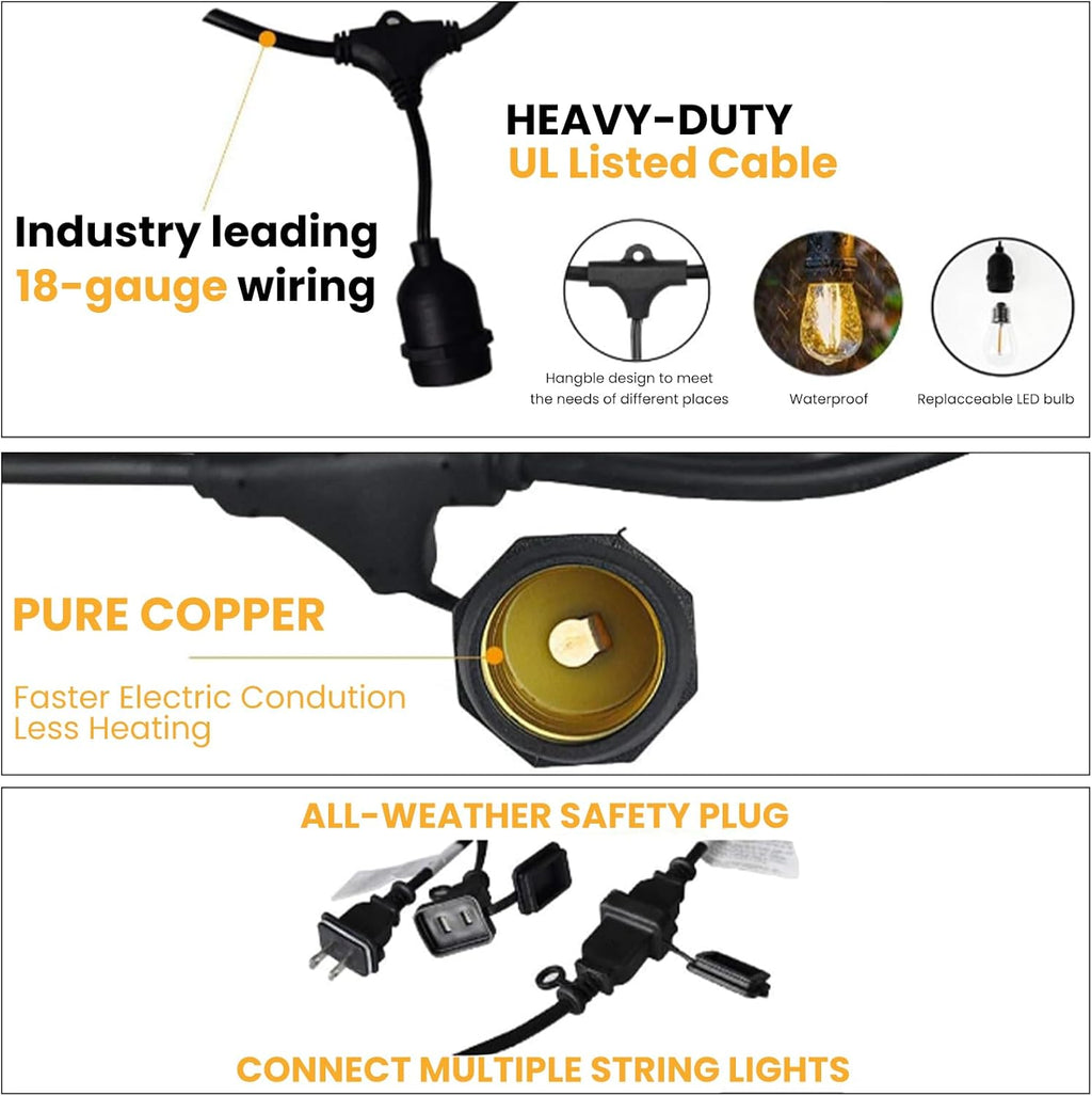 Svater 144 FT Outdoor String Lights 2W, Patio Light for Outside with 48 Antique S14 Plastic LED Bulbs, IP65 Waterproof Hanging Cafe Market Lighting, ETL-Listed Dimmable Warm White (48 FT x 3)