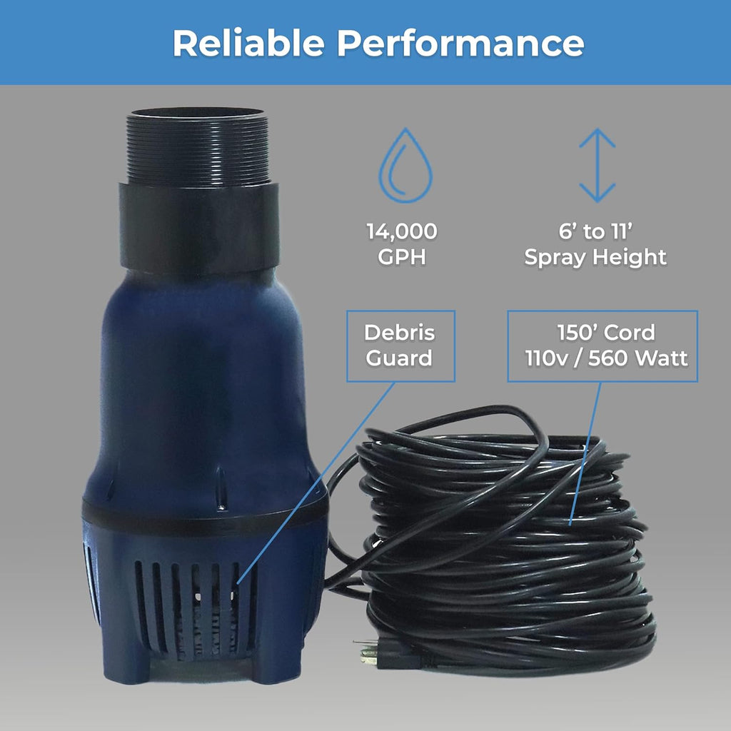 Custom Pro FT 14000 Floating Pond Fountain and Aerator | Complete Kit with 14,000 GPH Pump, 150 Foot Power Cord, 3 Spray Styles and More | 100% US-Based Customer Service and Warranty Support!