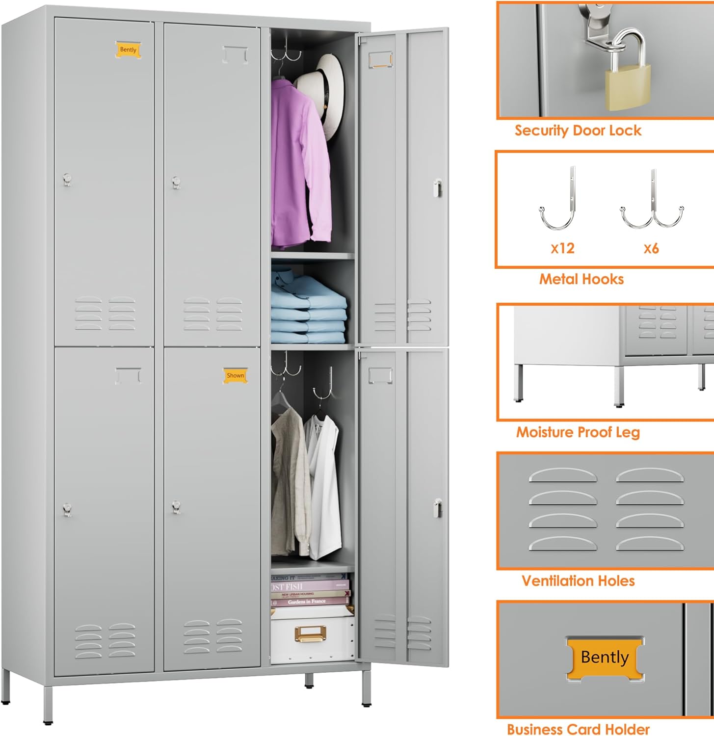METAN Metal Locker for School Office Gym Bedroom,6 Doors Steel Storage Lockers Cabinet for Employees,Industrial Storage with 1 Shelf,Assembly Required,Light Gray