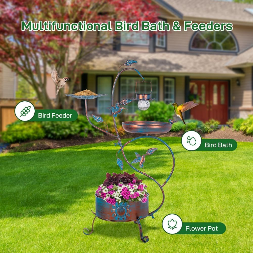 dreamysoul Metal Bird Bath for Outside, Birdbaths Outdoors with Planter and Feeder, Garden Blue Bird Baths with Solar Lights