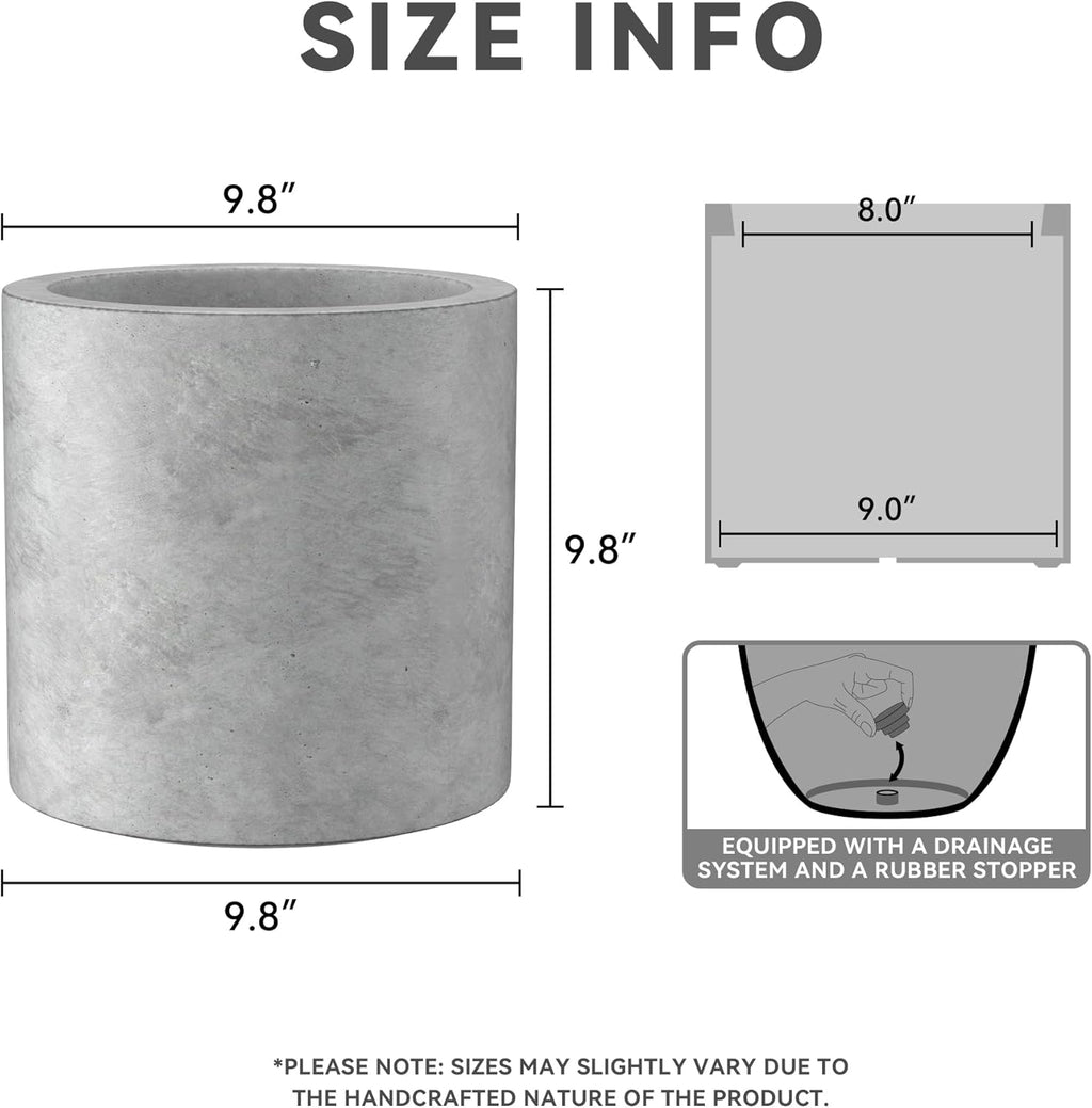 Kante 9.8" Dia Round Concrete Planter, Modern Style Large Cylindrical Plant Pot with Drainage Hole and Rubber Plug for Indoor Outdoor Patio, Natural Concrete