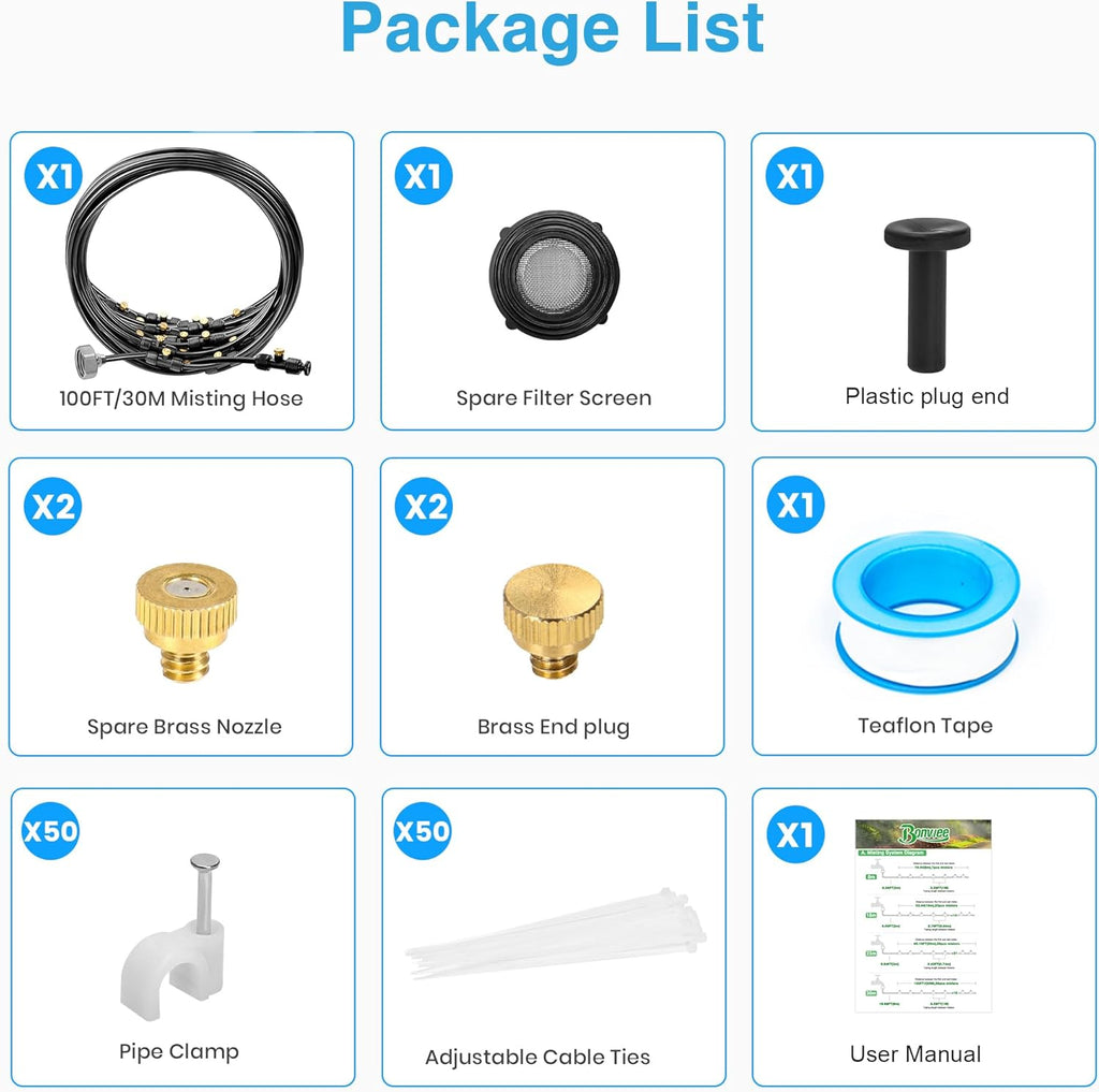 Bonviee Misters for Outside Patio, 100FT Misting Cooling System for Patio, 100FT (30M) Misting Line+28 Mist Nozzles+3/4" Brass Adapter, Pre-Assembled Garden & Greenhouse Watering System