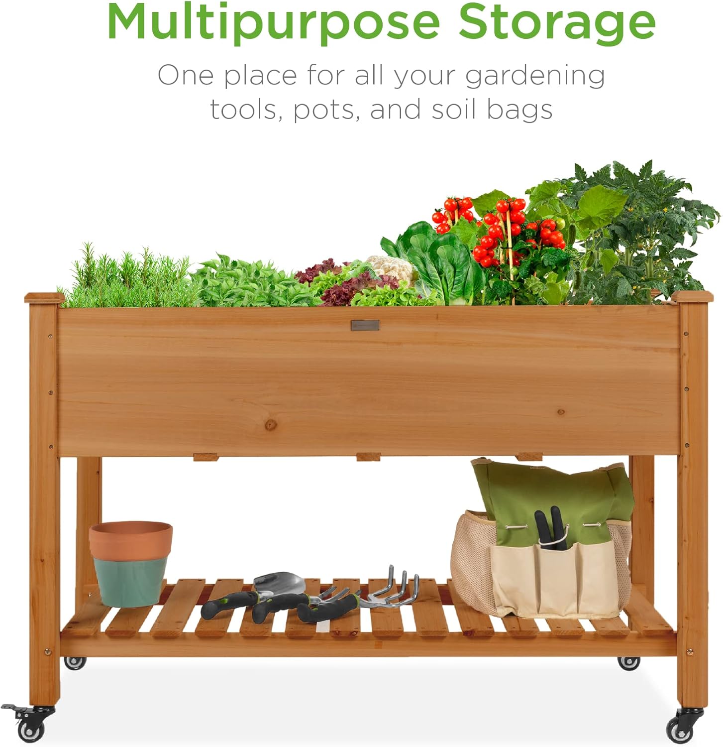 Best Choice Products Raised Garden Bed 48x24x32-inch Mobile Elevated Wood Planter w/Lockable Wheels, Storage Shelf, Protective Liner - Acorn Brown