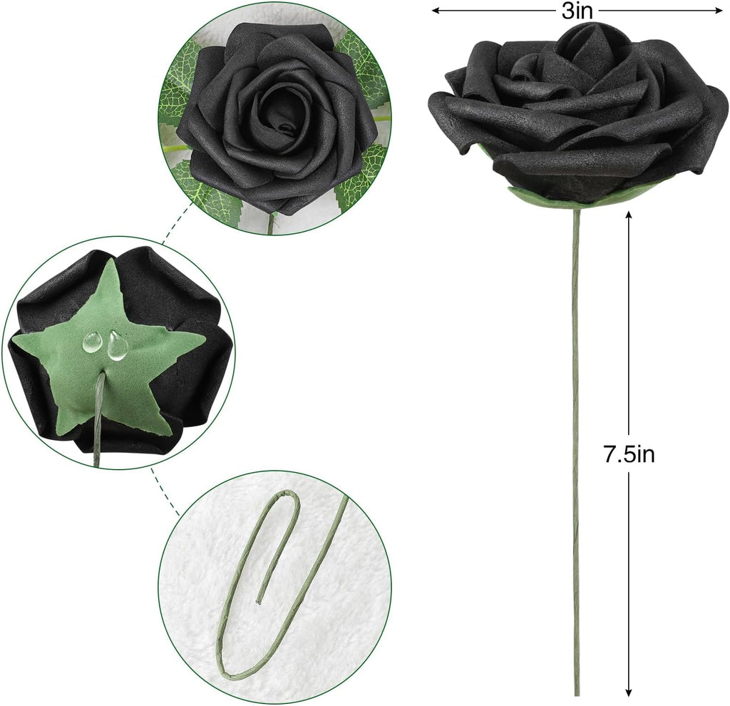 AmyHomie Artificial Flowers Black Rose 25pcs Real Looking Fake Roses w/Stem for DIY Wedding Bouquets Centerpieces Arrangements Party Baby Shower Home Decorations