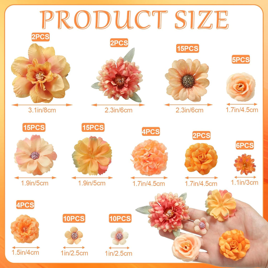 Small Artificial Flower Heads 2-4 cm, Fall Silk Faux Orange Peony Daisy Rose, for DIY Crafts, Wedding Garland, Graduation Cap, Cake Topper & Home Decoration