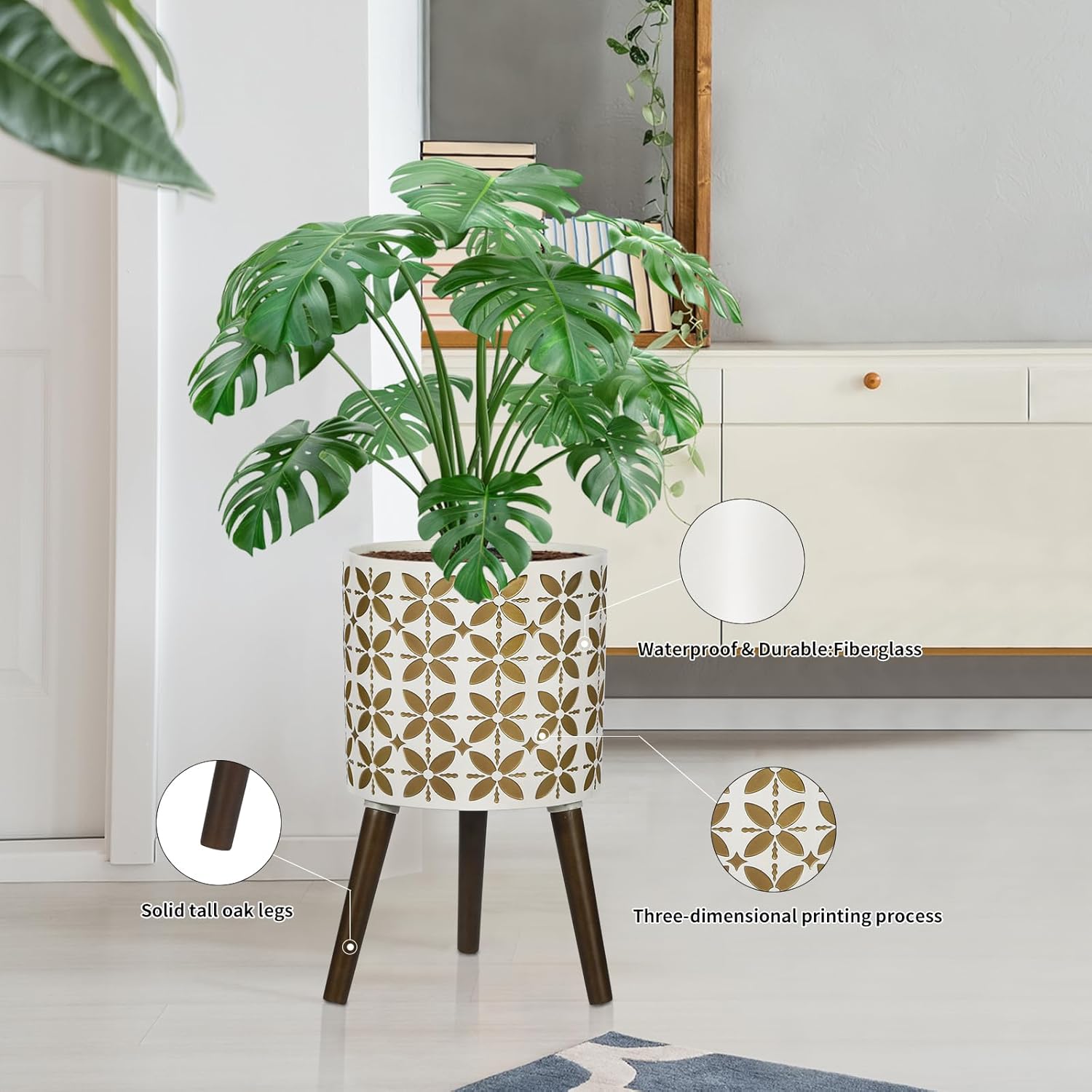 10 Inch Planter with Stand, Modern Plants Pot for Indoor Plants with Legs, Large Planter Pot with Drainage Holes for Outdoor,White/Gold