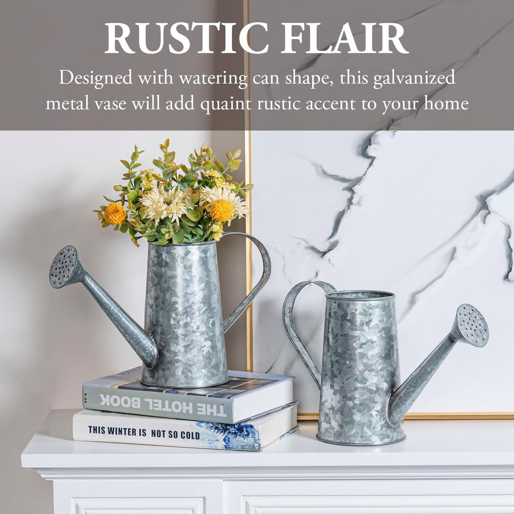 MyGift 7 Inch Small Rustic Galvanized Metal Decorative Vases in Vintage Style Watering Can Design for Dried Flowers and Artificial Plants, Set of 2 - Handcrafted in India