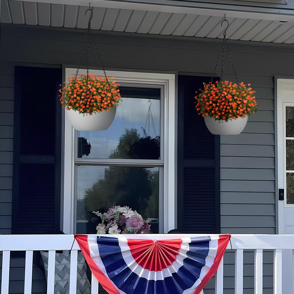10 inch Hanging Planters for Indoor Plants, 2 Pack Planters for Outdoor Plants with Drainage Holes and Chain, Round Plastic Hanging Baskets, Hanging Flower Pots for Balcony Garden Decor-White