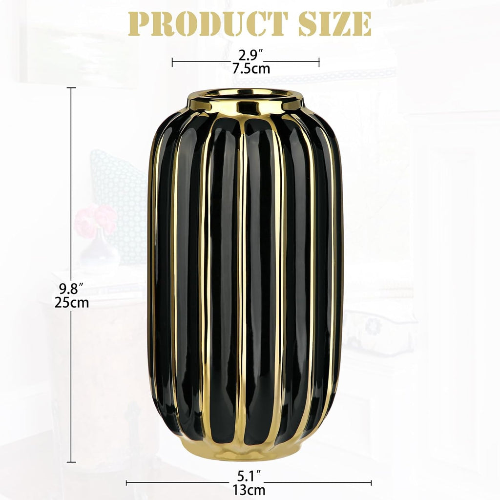 Briful Gold Plated Lantern Ceramic Vase Home Decor Creative Design Porcelain Decorative Flower Vase 11.02'' Black Ceramic Vases for Wedding Anniversary Decoration