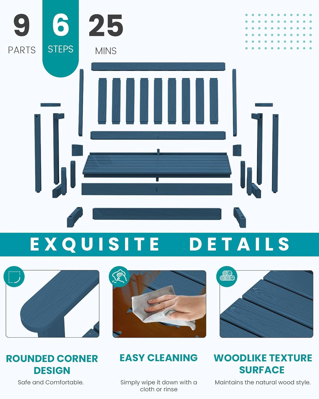 SERWALL Outdoor Glider Bench, HDPE All Weather Swinging Bench for Outdoor Porch Garden, 660LBS Capacity, Navy Blue