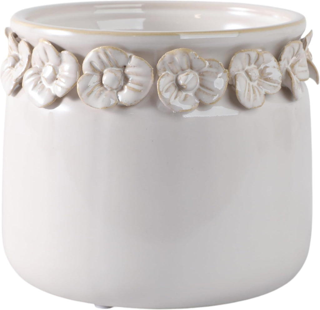 Decorative Flower Pot for Home Decor – Ceramic Indoor or Outdoor Planter with Sculpted Floral Rim for Succulents or Houseplants – Pot for Plants Perfect for Garden, Patio, or Room Decor – 5" Ivory