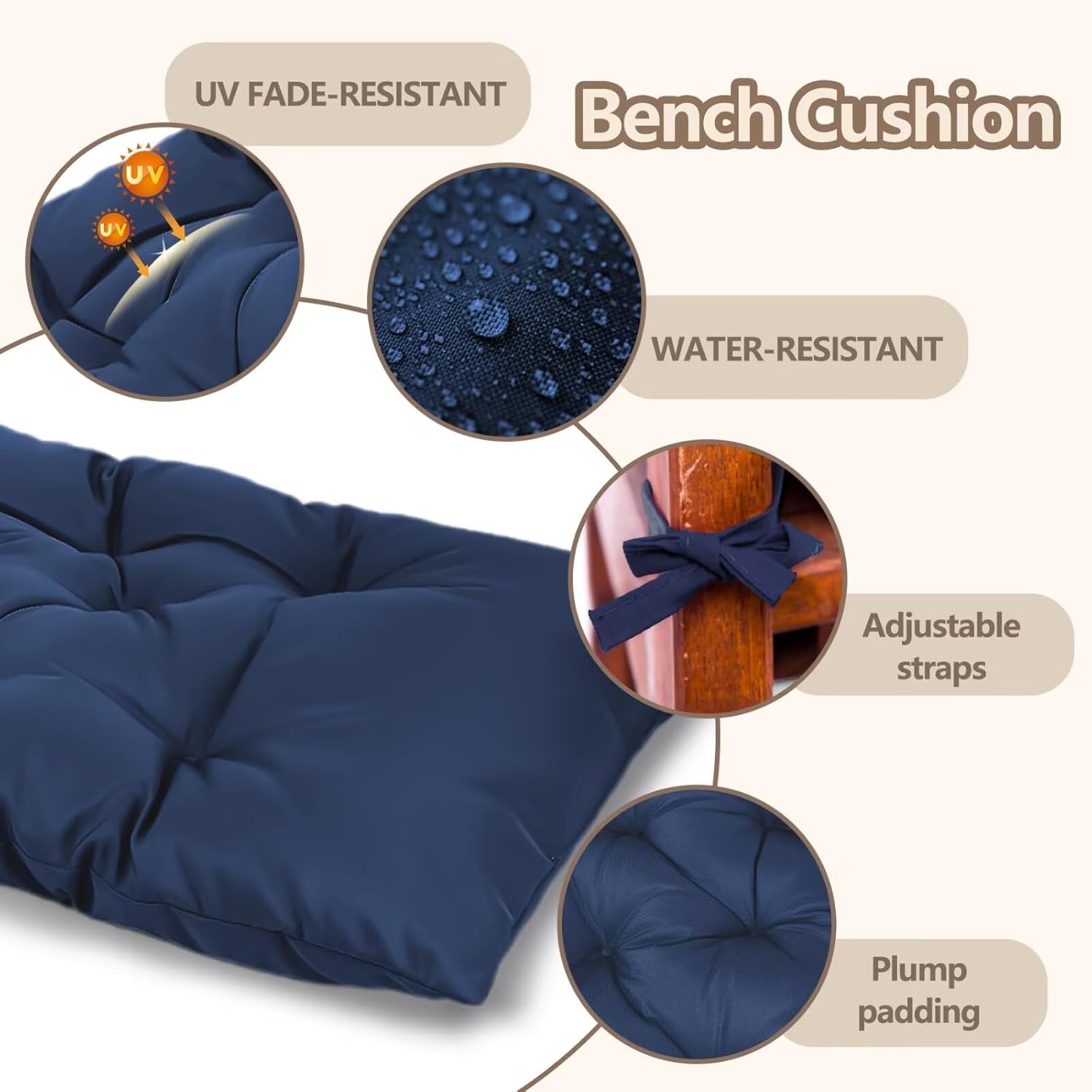 59 inch Waterproof Indoor/Outdoor Garden Bench Seat Cushions,Thicken Patio Bench Soft Rocking Chairs Pad Lounger Seat for Porch Wicker Loveseat Settee (59x19.6x3.9 inch,Navy