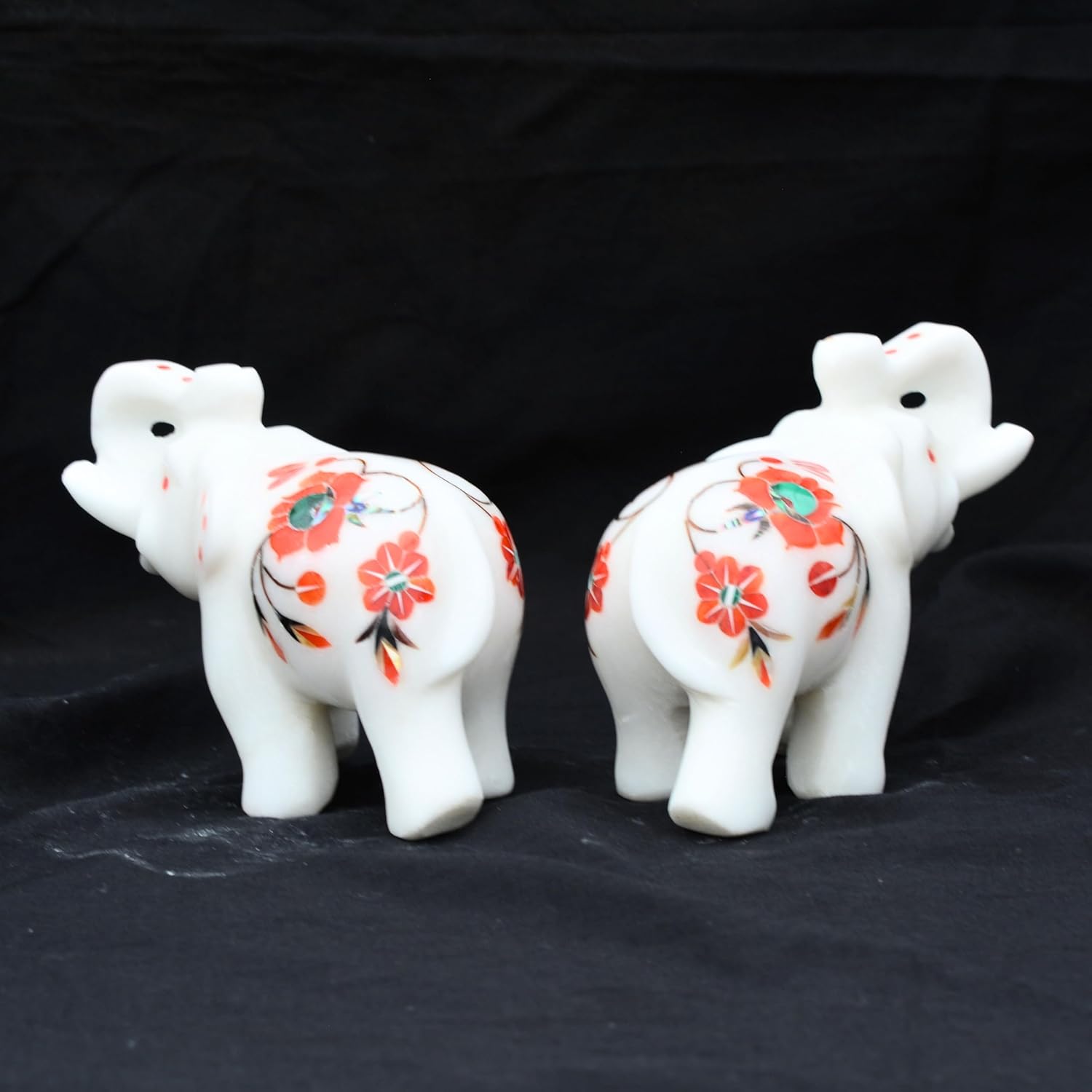 Marble Inlay Elephant Statue 4" Inch (2 Piece) Hakik Stone Inlay Work Semi Precious Stone - Hand Carved Artistic Sculpture Perfect for Home & Office Decor Elegant Decor for Any Space