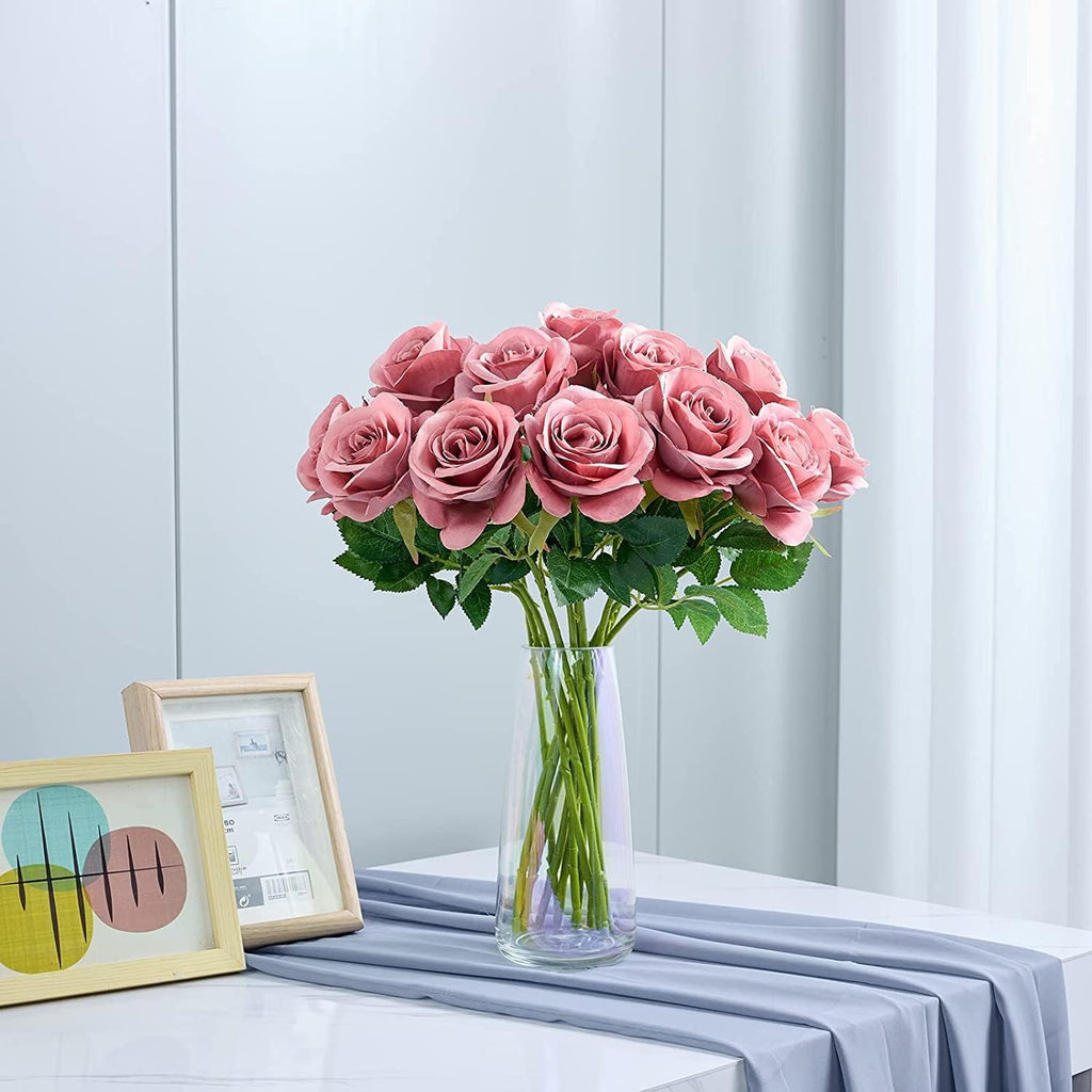 12pcs Roses Artificial Flowers Fake Roses Dusty Rose Pink Silk Roses Silk Flowers Rose with Long Stems for Wedding Home Party Centerpieces Decorations