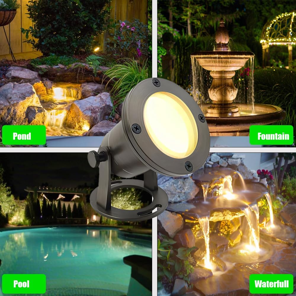 Brass Pond Light LED Underwater, Water Fountain Light Waterproof, Submersible Lights with 5W MR16 LED Bulb 2700K, 12V Low Voltage Landscape Lighting for Outdoor Garden Pond, Pool, Waterfall