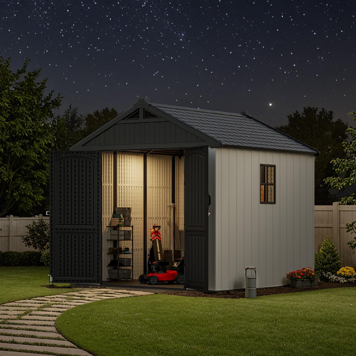 Patiowell 8 x 8 FT Resin Outdoor Storage Shed with Floor, Large Shed with Light and Lockable Door for Garden, Backyard, Tool Storage Use, Easy to Install in Beige (Kick-it Shed)