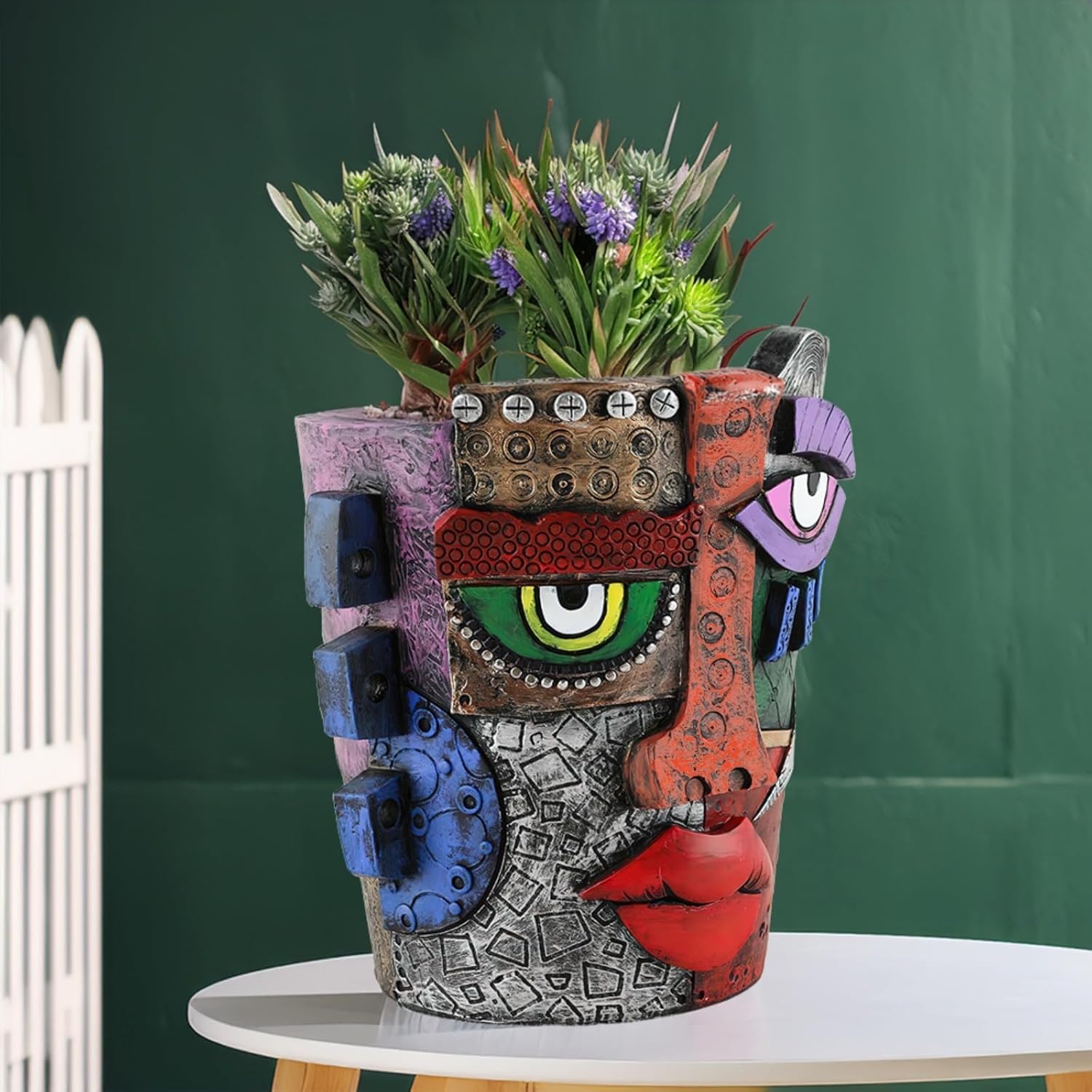 TOZLU Picasso Brutalist Beauty Face Flower Pot - Head Planter with Colorful Face Art - Resin & Flower (Stare Flower Pot)