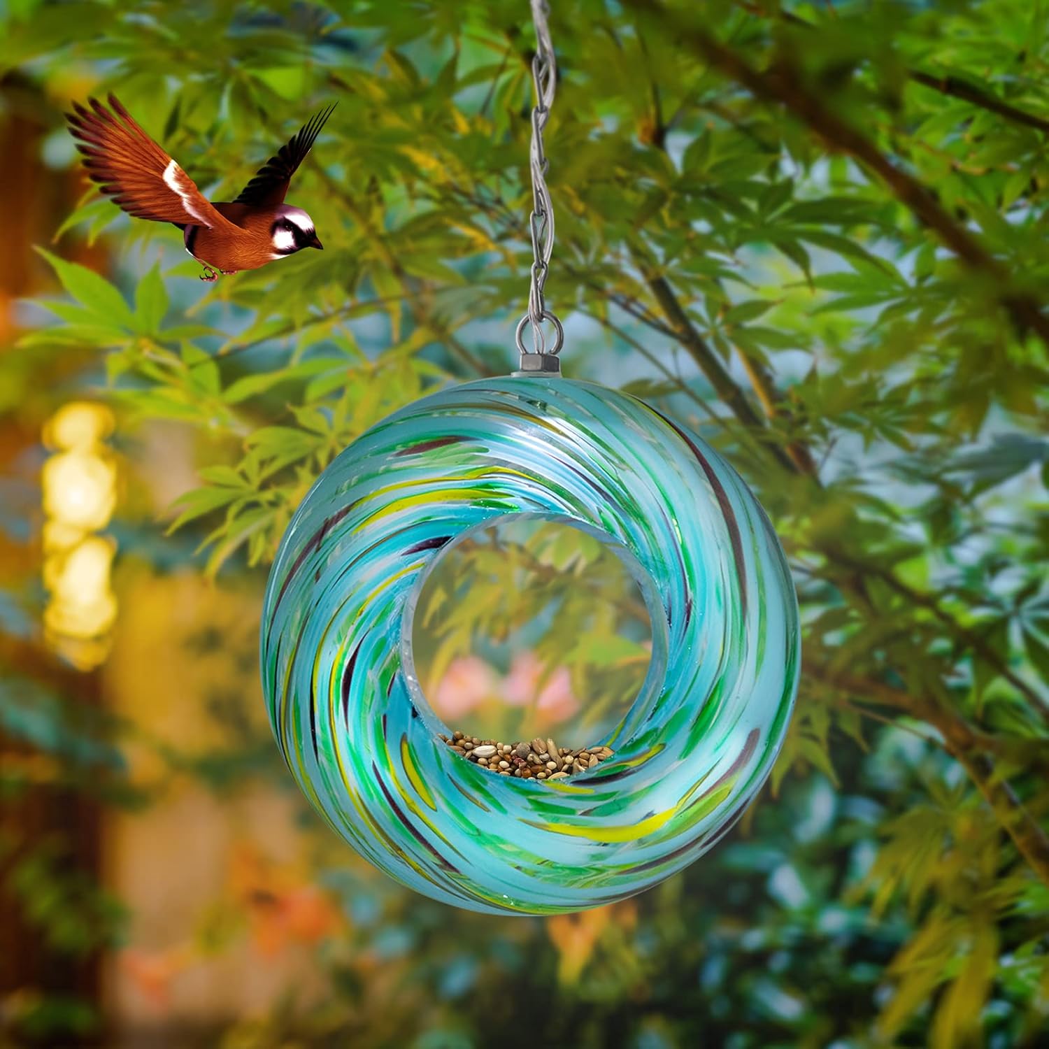 Yinns Glass Bird Feeders for Outside Hanging Fly Through Bird Feeder with Round Shape Solar Birdfeeder for Yard Garden Decor