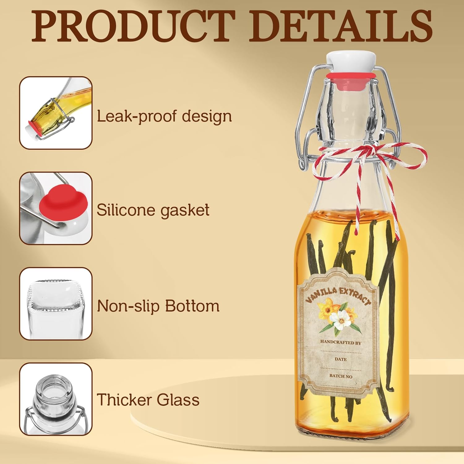 10 Pack Swing Top Glass Vanilla Extract Bottles 8 oz with Lids, Vanilla Extract Labels and Funnel, Glass Boston Vanilla Bottles for Syrup Gift, Flip Top Glass Bottles Jars for Vanilla Extract