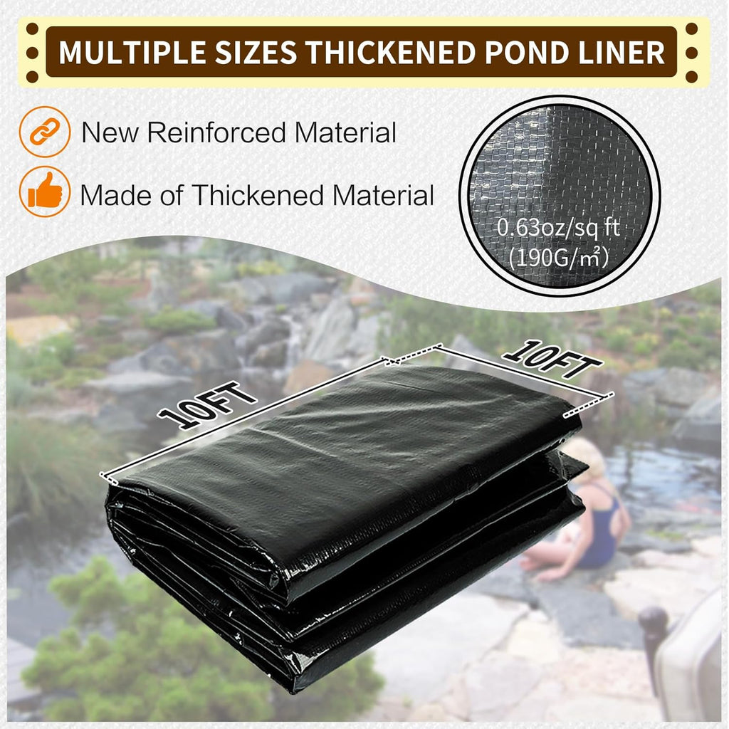 yeezoo 10X10FT Reinforced PE Pond Liner, KOI Pond Liners for Outdoor Ponds, Enhanced 5-Layer Structure Pond Liner for Fish, Duck, Garden Raised Bed and Waterscape Pond(0.63oz/sq ft Thickness)