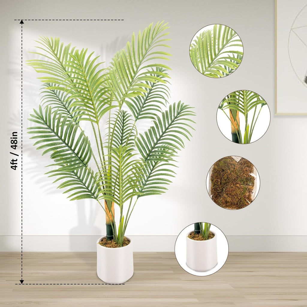 Artificial Fake Palm Tree 4FT 2Pack with White Planter & Free Moss, UV Resistant Artificial Palm Tree for Outdoors, Fake Plants for Poolside Home Room Decor, Faux Plants Outdoor Decor