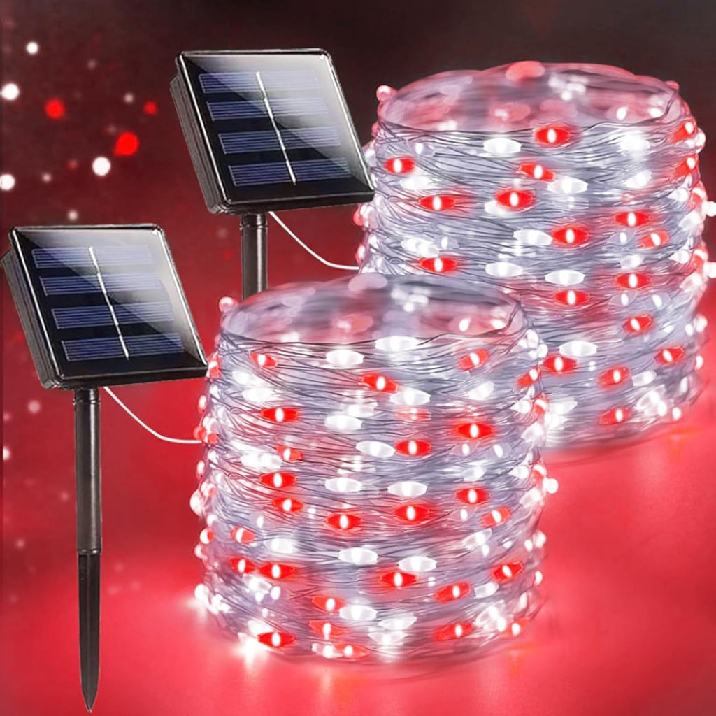 Extra-Long 144FT Solar String Lights for Outside, 2 Pack 400LED Solar Fairy Lights Outdoor, Waterproof Copper Wire with 8 Modes Twinkle Lights for Tree Garden Party Xmas Wedding Decor (Red and White)
