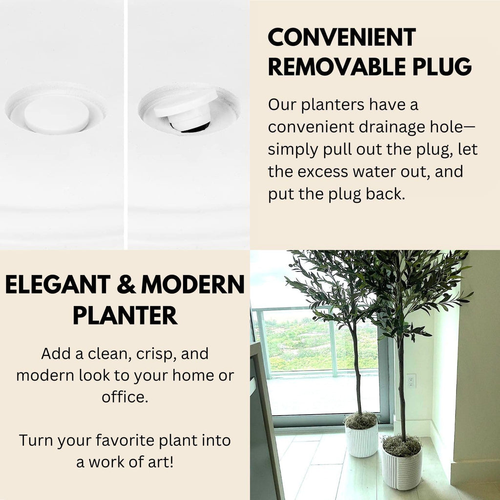 Fox & Fern Large 12 Inch Planter with Drainage Plug — Premium Polystone White Plant Pot; Modern Planter with 3D Texture and Ceramic Finish; 12 Inch Pots for Plants Indoor & Outdoor